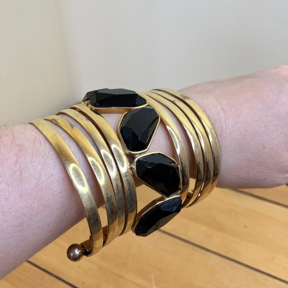 French Connection Brass Cuff Bracelet with Black Rhinestones 3" Long